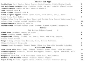 Bourbon House menu - snacks, apps, salads, flatbread