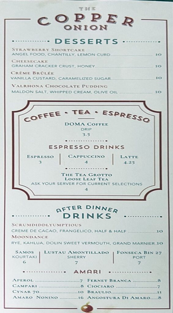 Copper Onion - July 2023 dessert menu