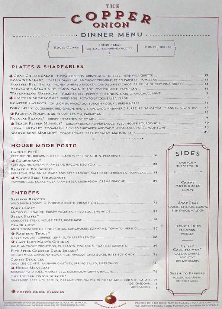 Copper Onion - July 2023 dinner menu