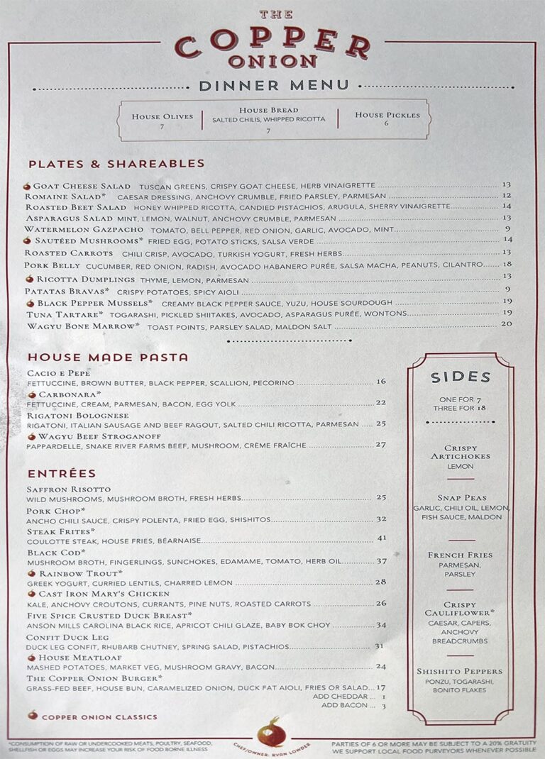Copper Onion menu SLC menu