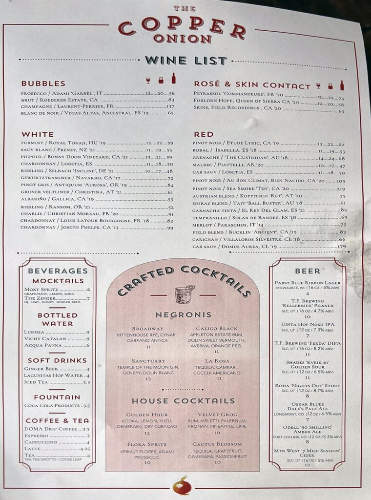 Copper Onion - July 2023 wine, beer, cocktails menu