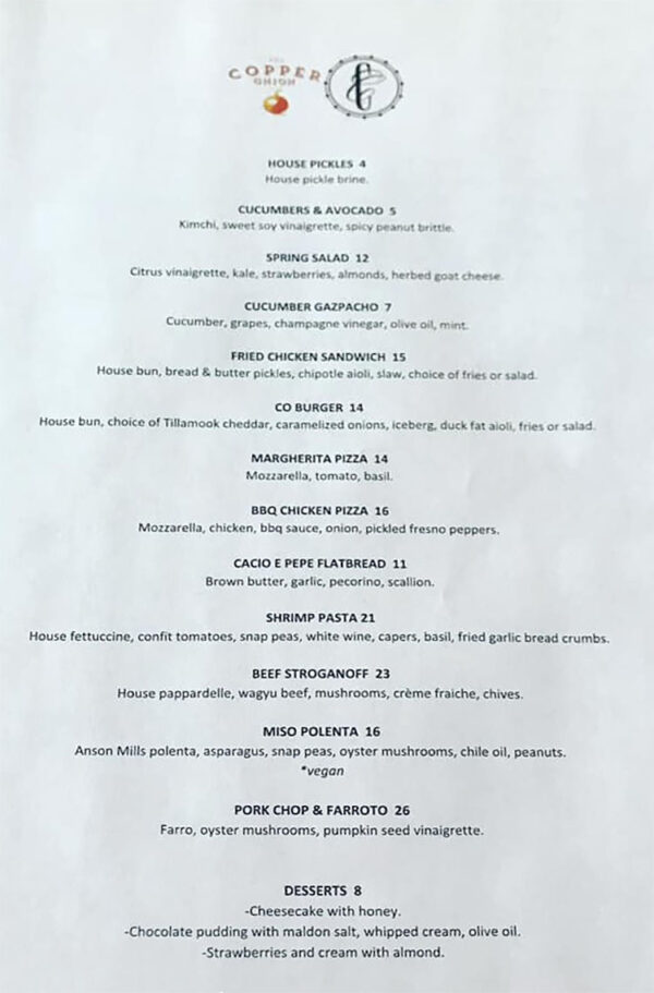 Copper Onion menu SLC menu