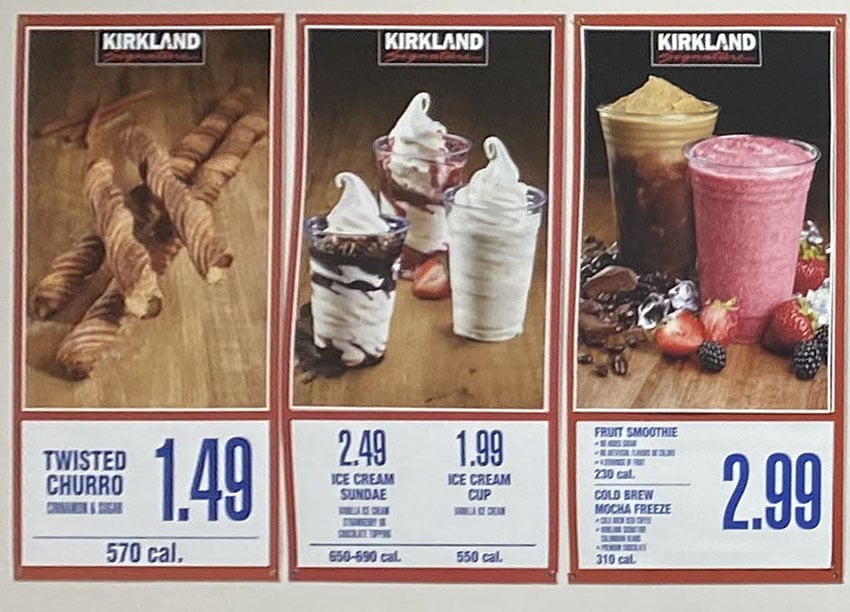 Costco food court menu - churros, sundae ,smoothie