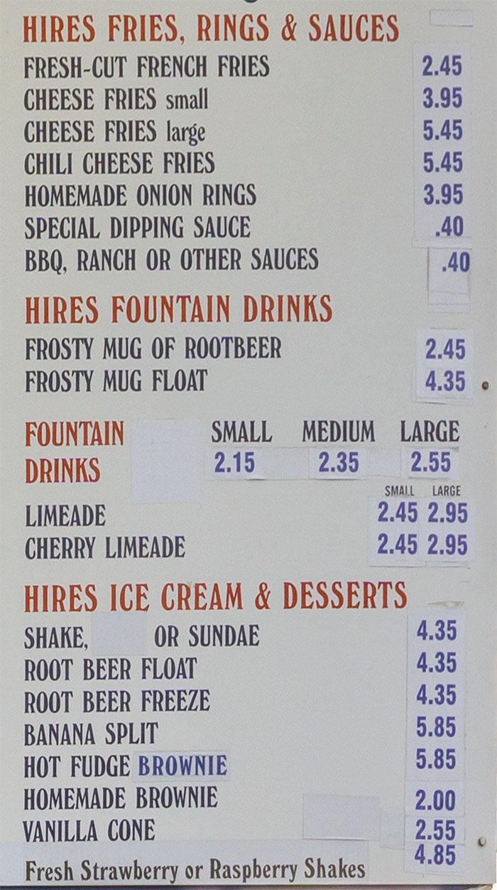 Hires Big H menu - fries, rings, drinks, ice cream, desserts