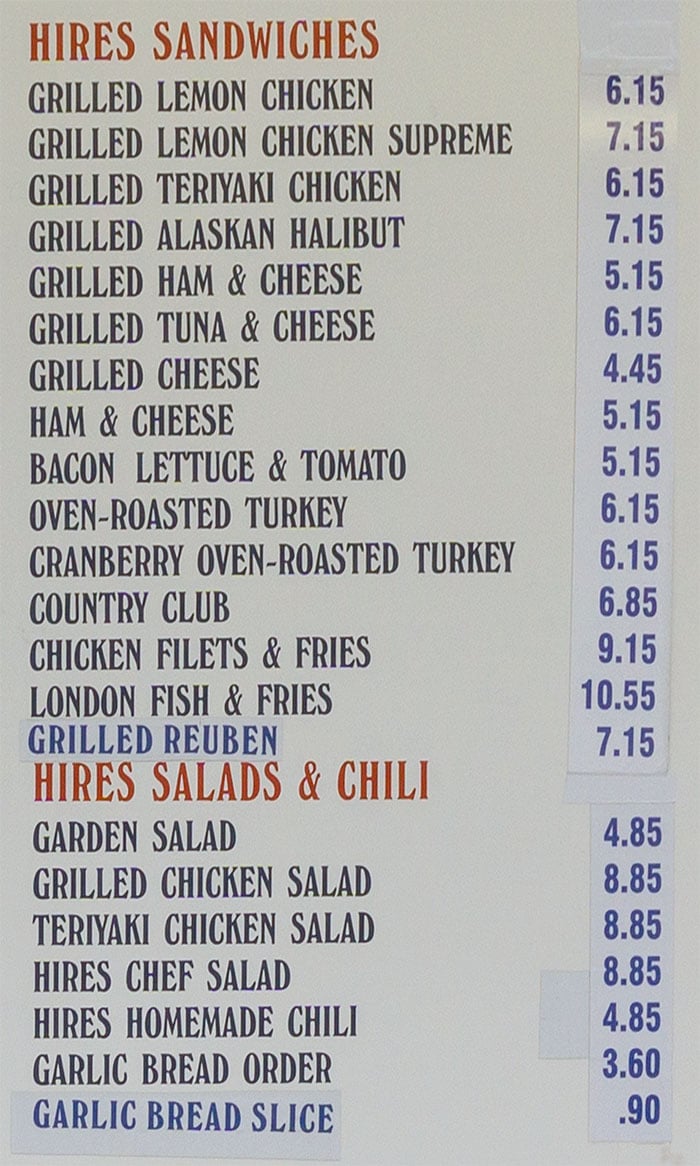 Hires Big H menu - sandwiches, salads, chilli