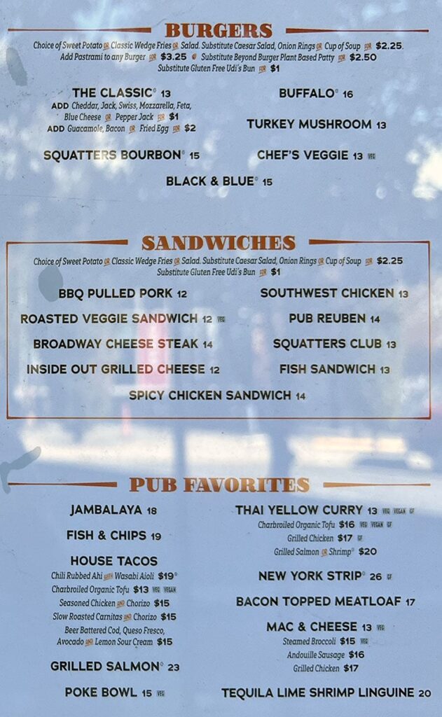 Squatters 2022 menu - burgers, sandwiches, pub favorites