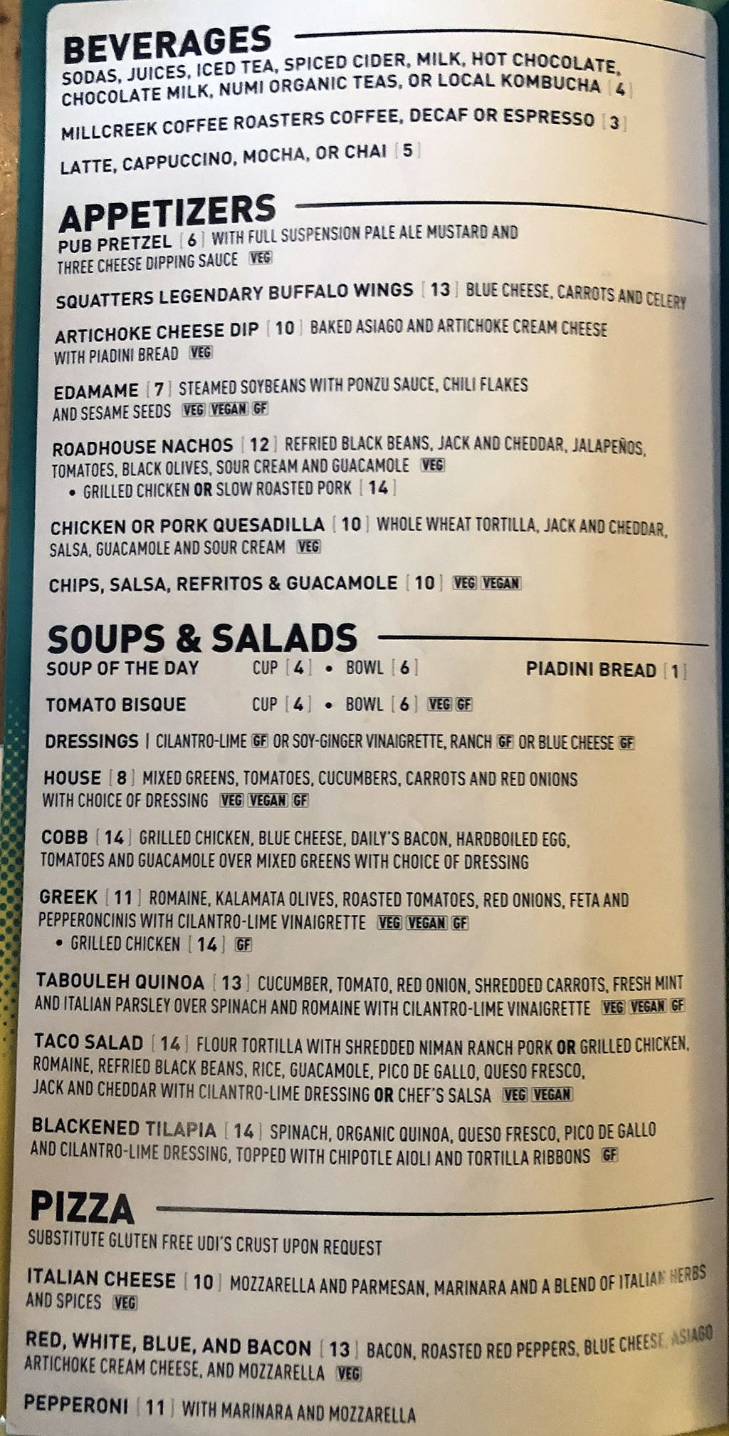 Squatters airport menu - beverages, appetizers, soup, salads, pizza