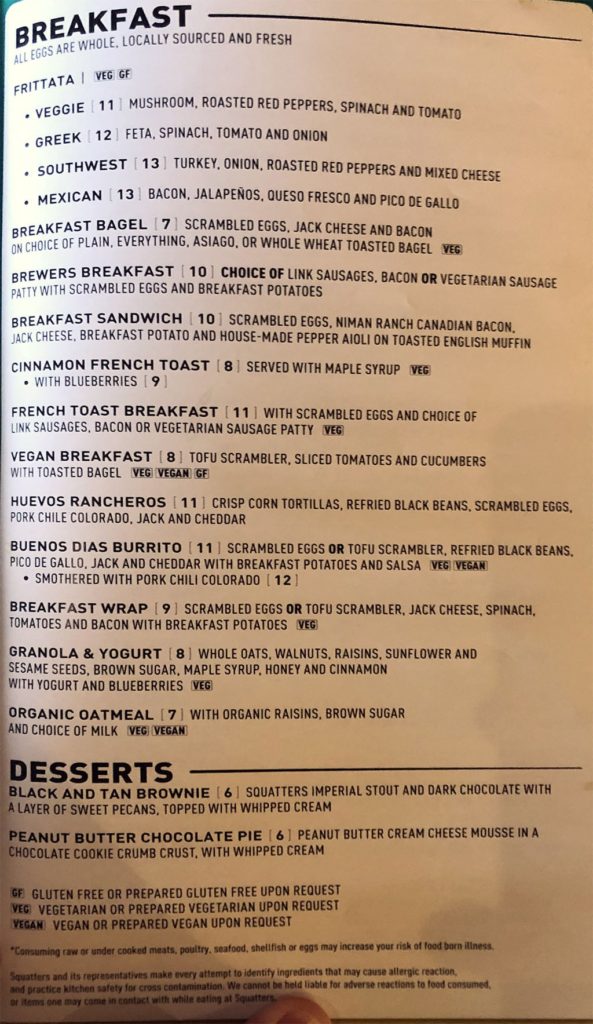 Squatters airport menu - breakfast