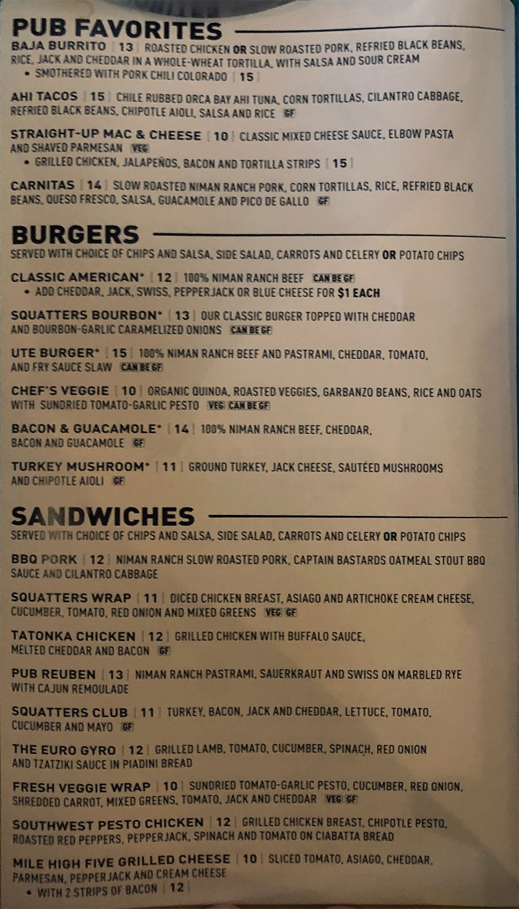 Squatters airport menu - pub favorites, burgers, sandwiches