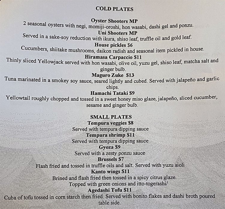 Blue Marlin menu - cold plates, small plates