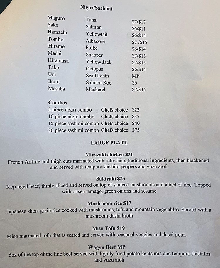 Blue Marlin menu - sushi, large plates