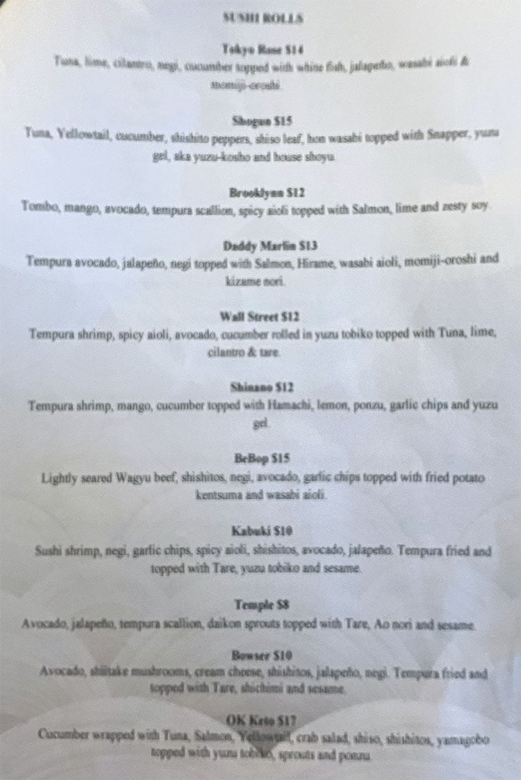 Blue Marlin menu - sushi rolls