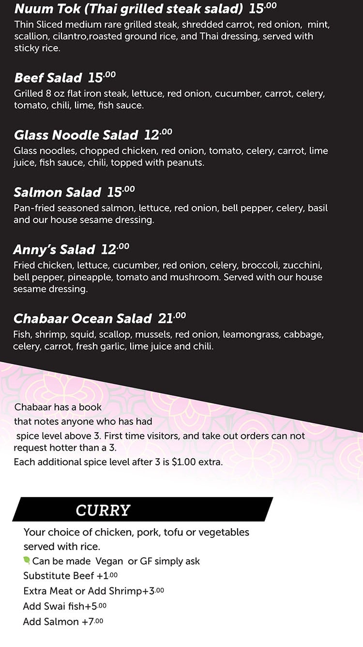 Chabaar menu - salads, curry