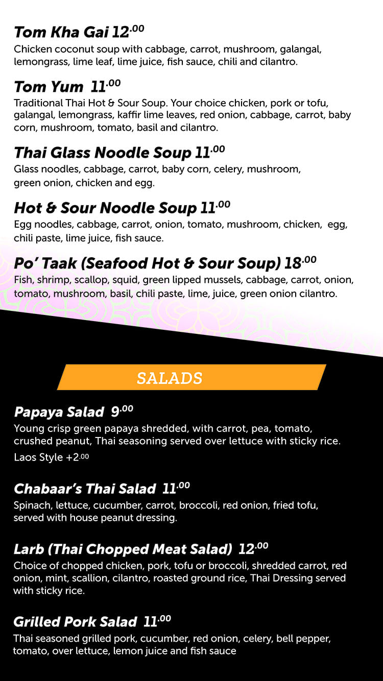 Chabaar menu - soups, salads