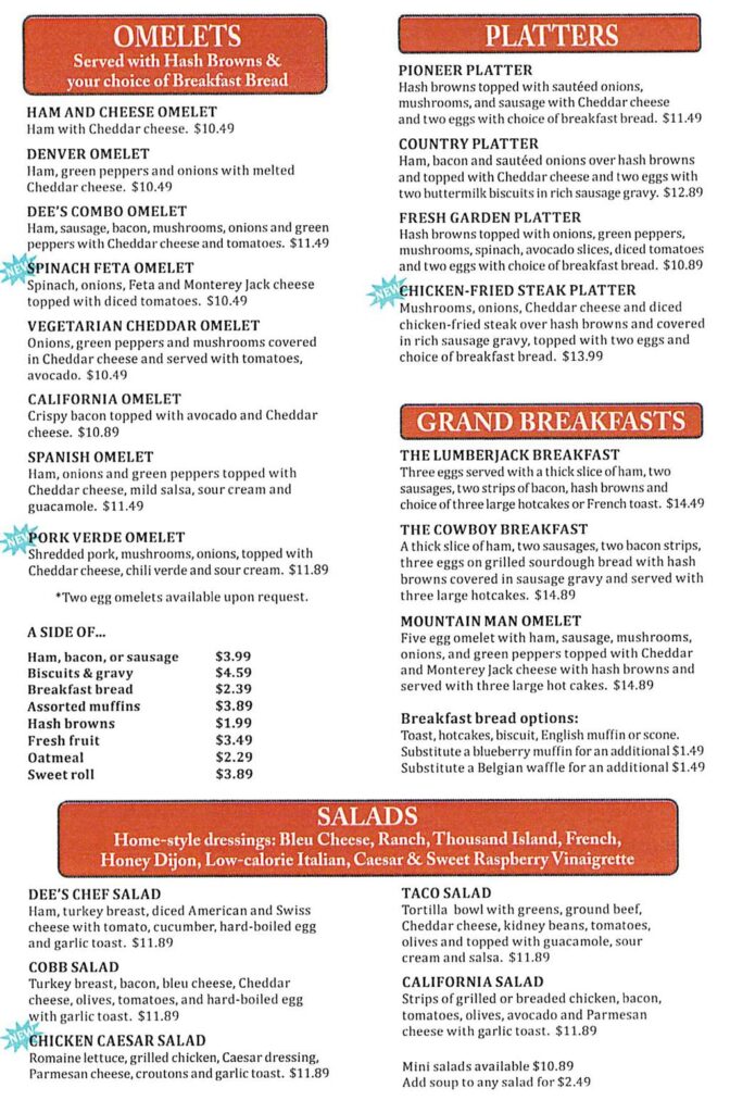 Dee's Family Restaurant menu - breakfast continued, salads