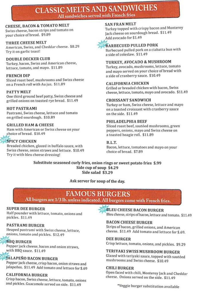 Dee's Family Restaurant menu - melts, sandwiches, burgers