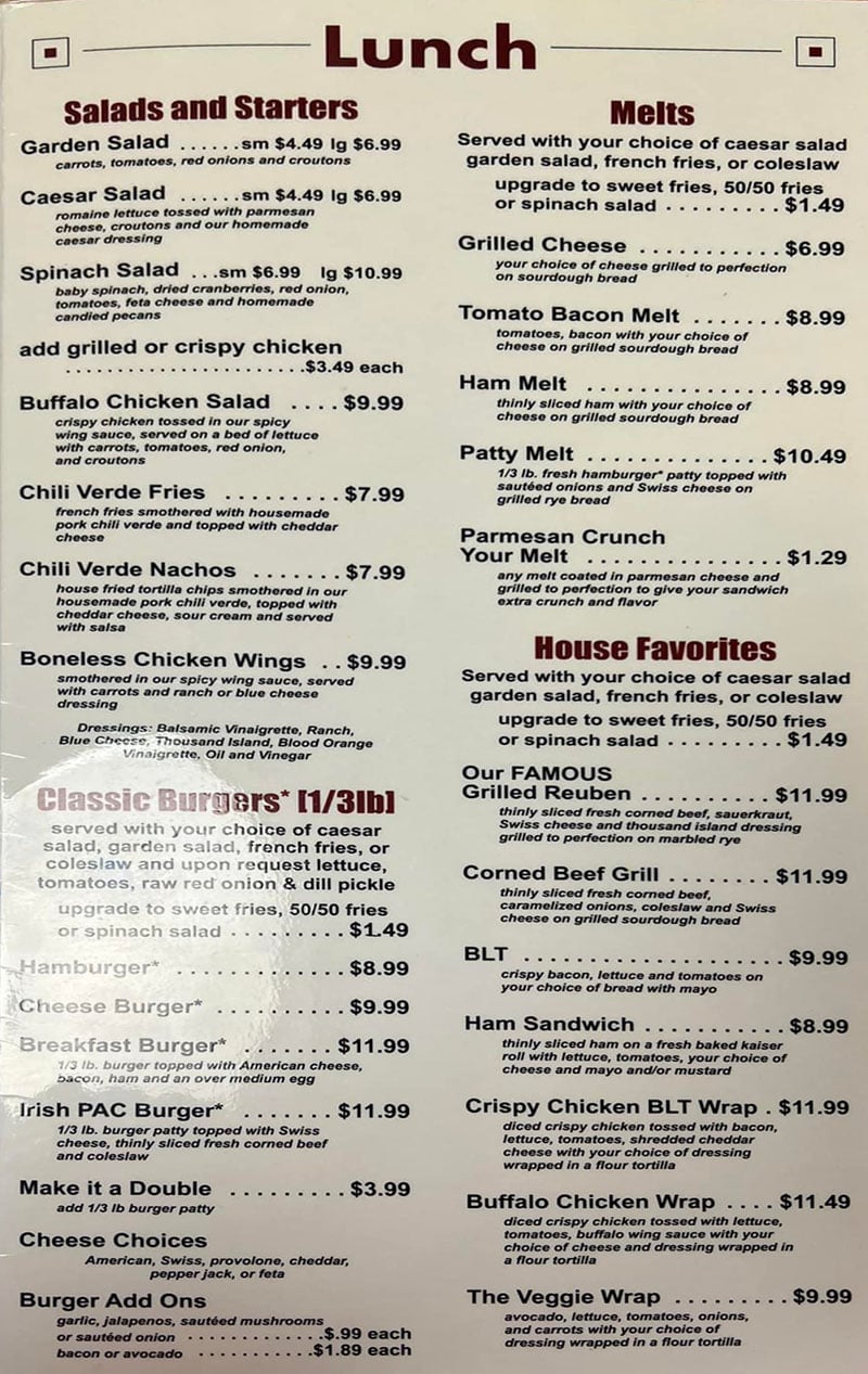 Penny Ann's Cafe lunch menu - salads, starters, burgers, melts, favorites