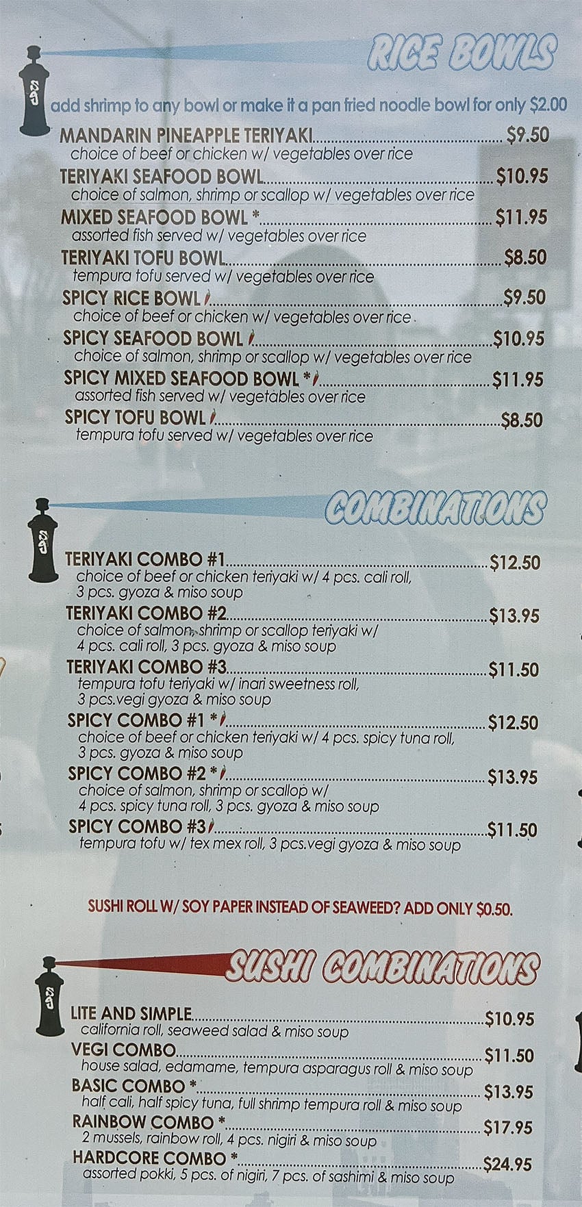 Sushi Groove menu - rice bowls, combinations, sushi combinations