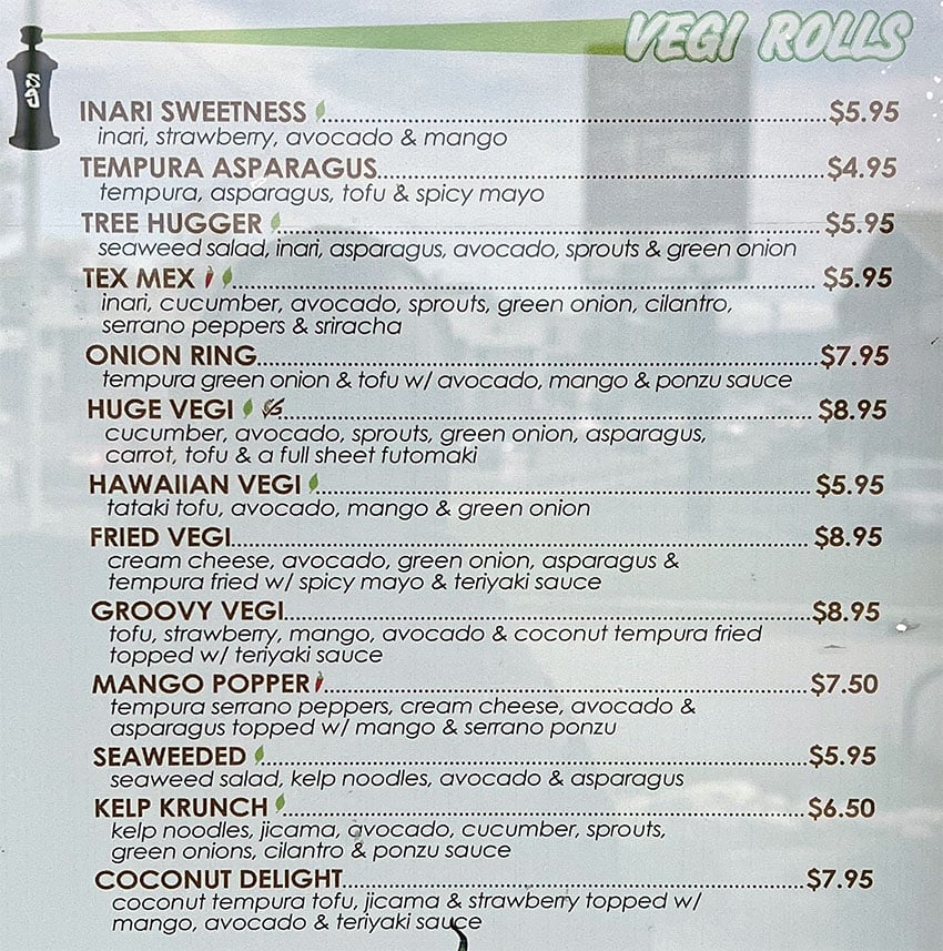 Sushi Groove menu - vegi rolls