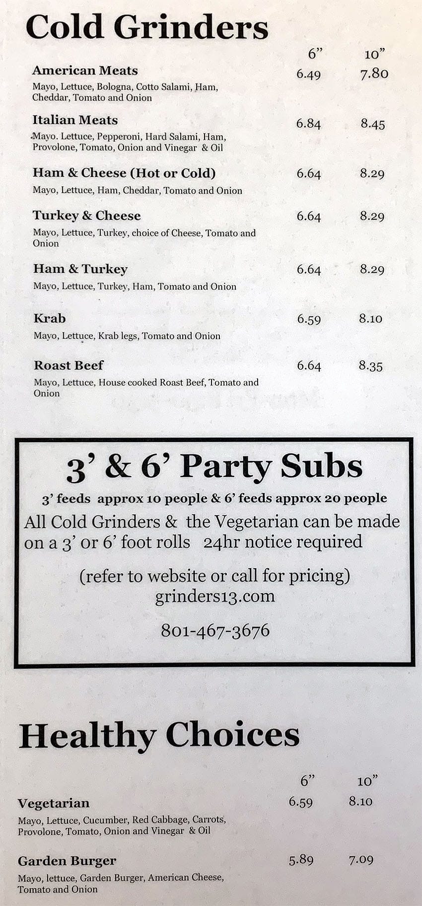 Grinders 13 menu - cold grinders, party subs, healthy choices