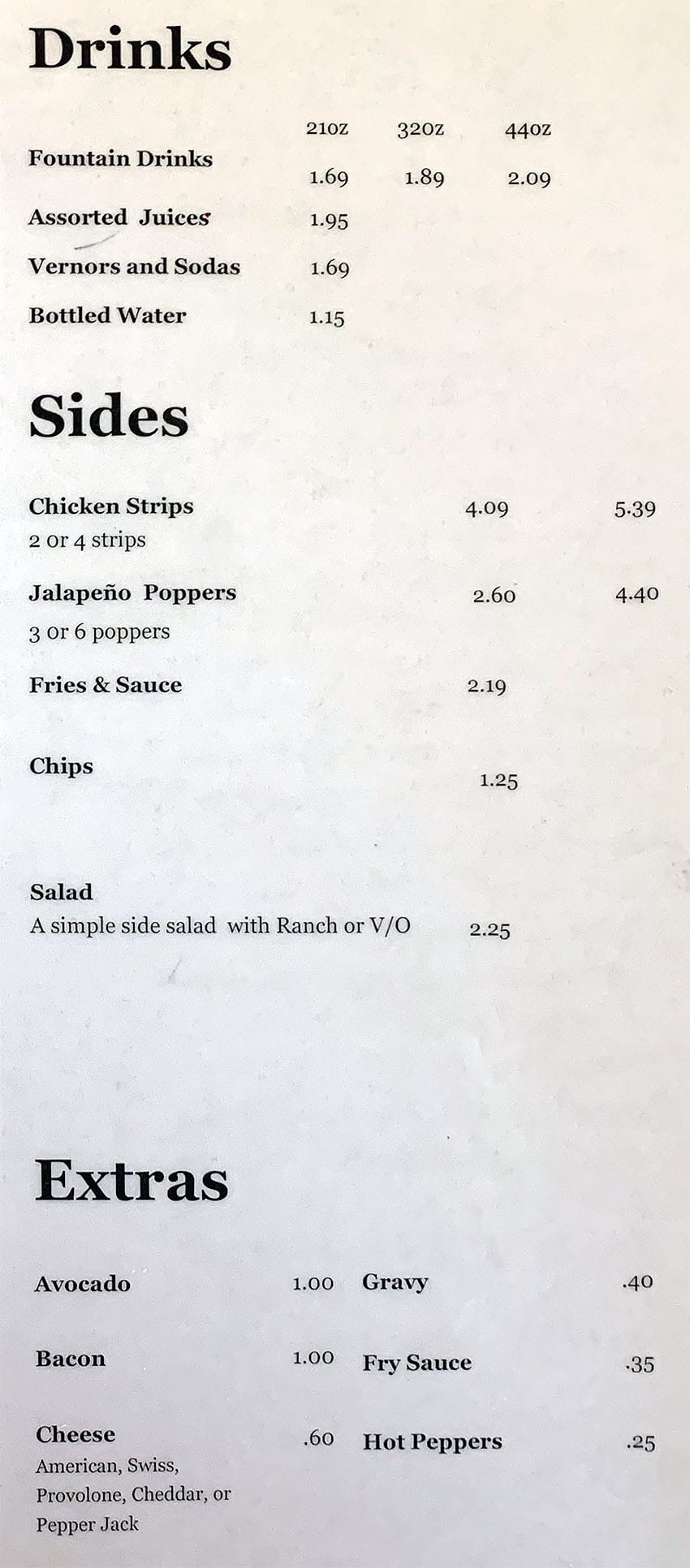 Grinders 13 menu - drinks, sides, extras