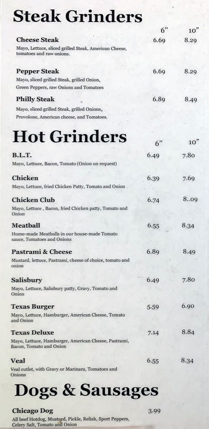 Grinders 13 menu - steak grinders, hot grinders, dogs and sausage