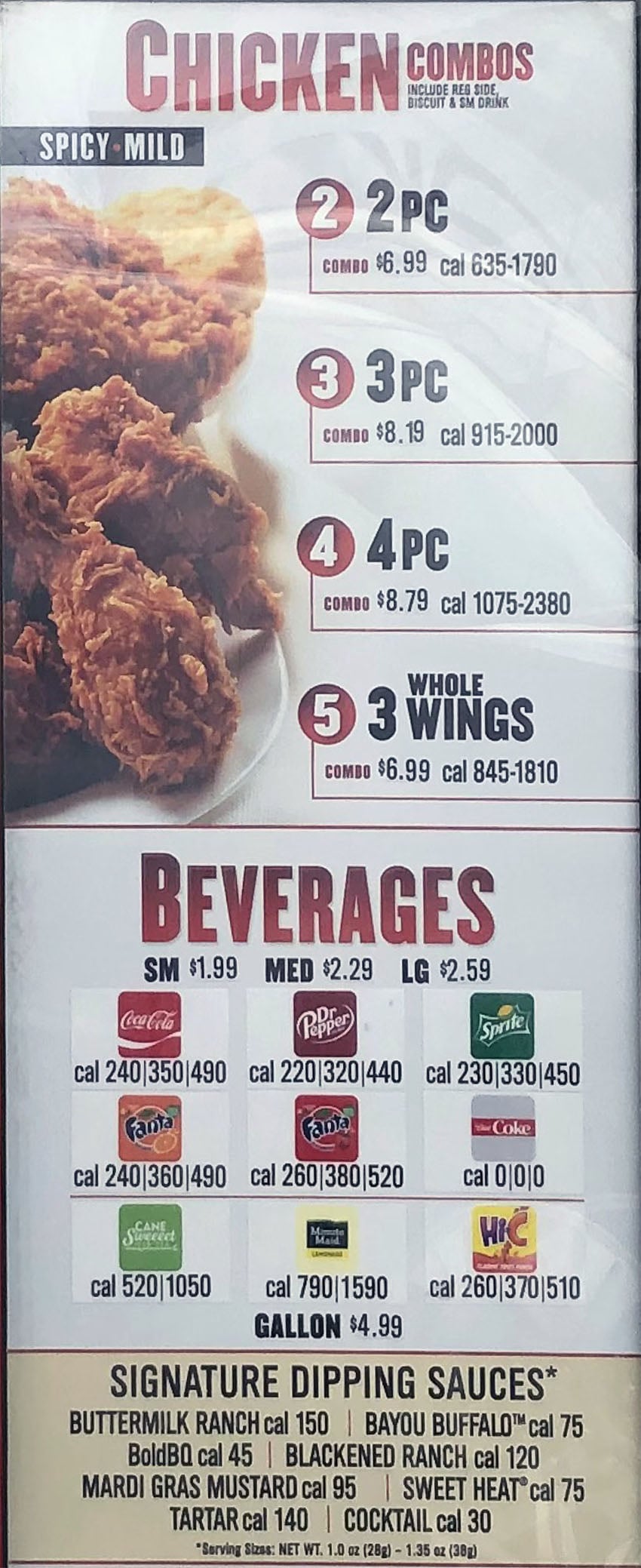 Popeye's menu - chicken combos, beverages