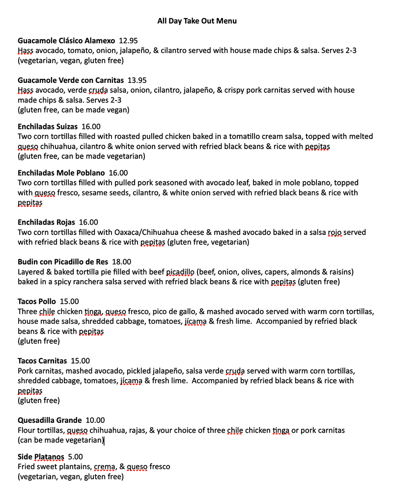 Alamexo curbside menu