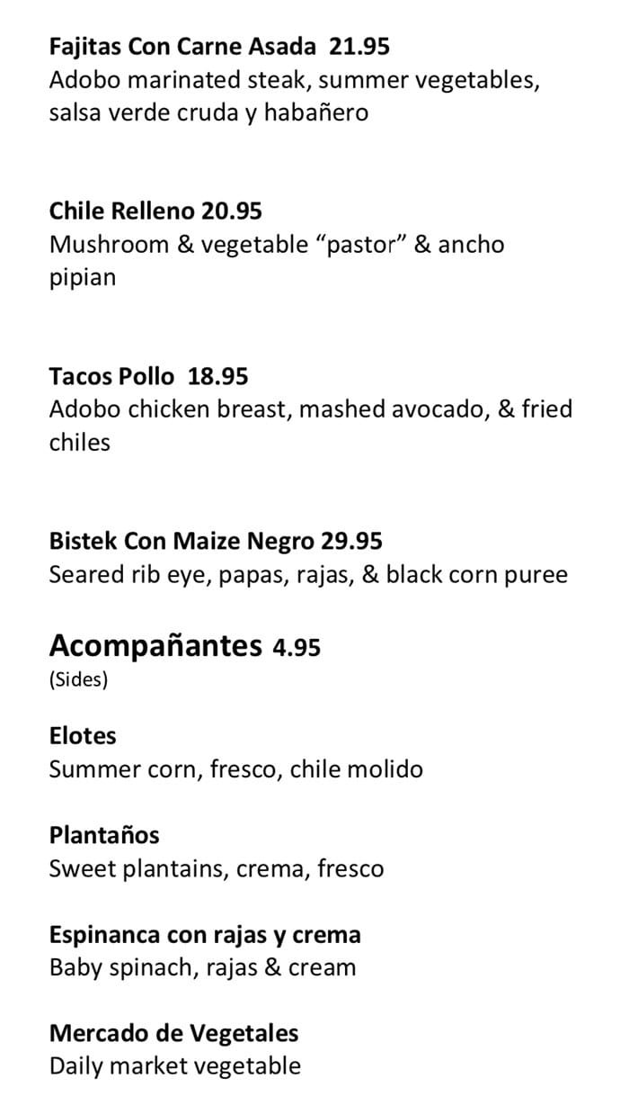 Alamexo dinner menu - entrees, sides