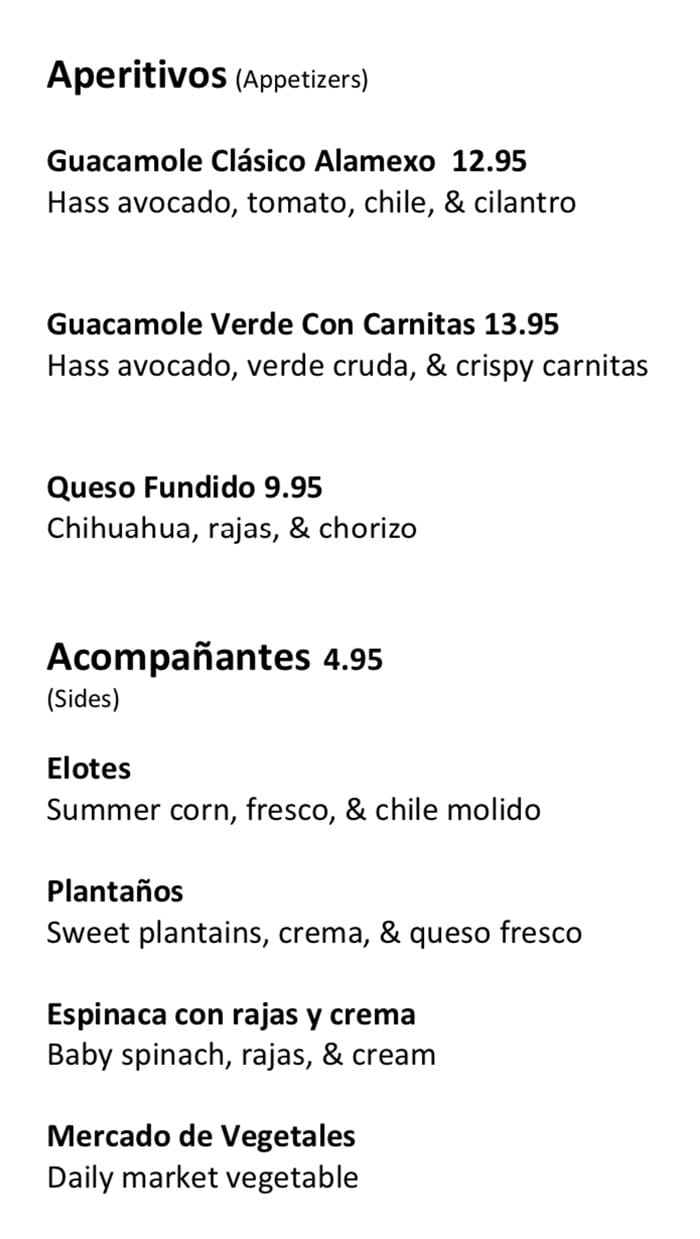 Alamexo lunch menu - appetizers