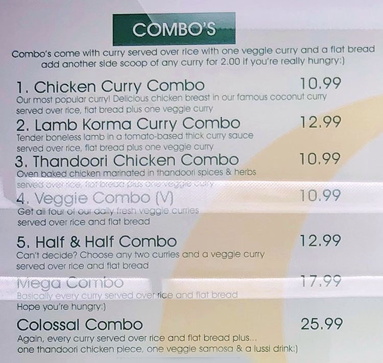 Curry Fried Chicken menu - combos