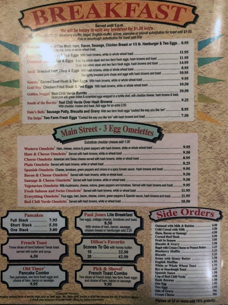 Midvale Mining Cafe menu - breakfast