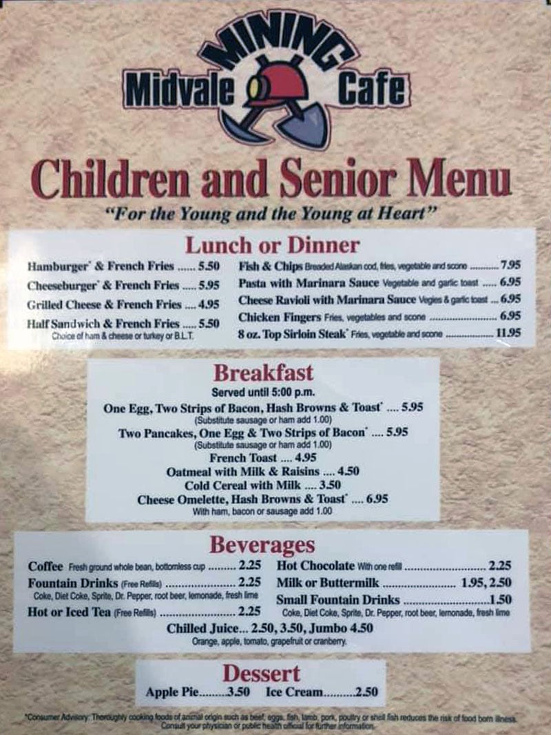 Midvale Mining Cafe menu - children and seniors