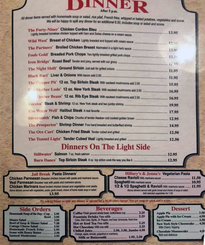 Midvale Mining Cafe menu - dinner