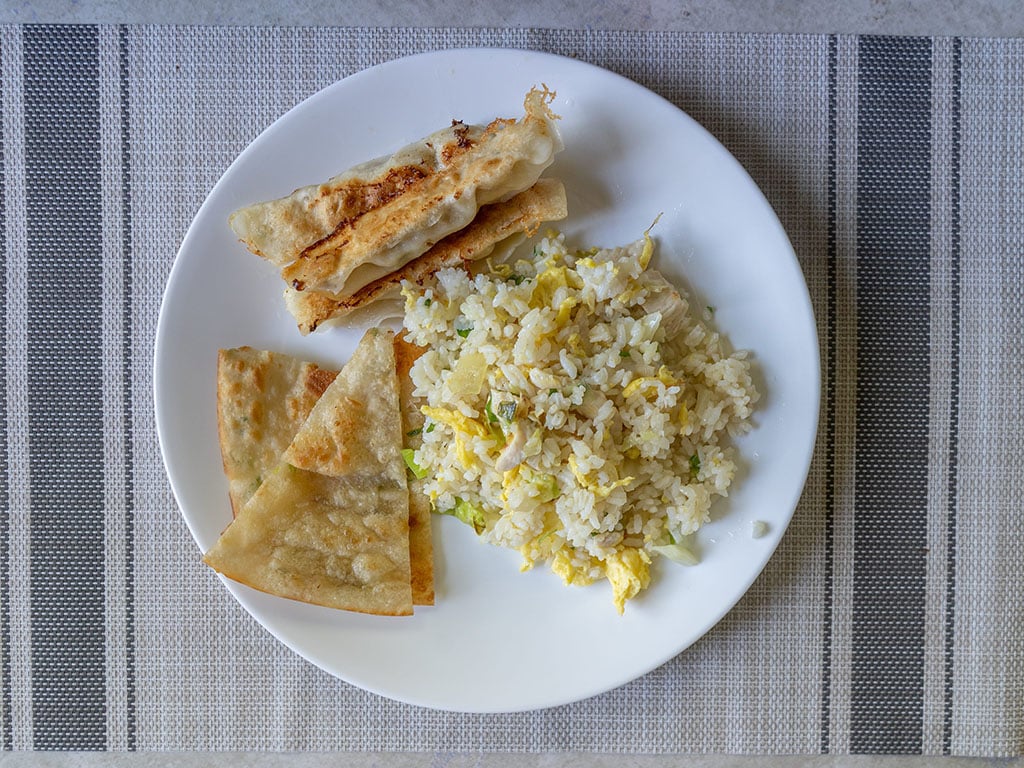 Moms Kitchen - fried rice with green onion pancake and pork dumplings