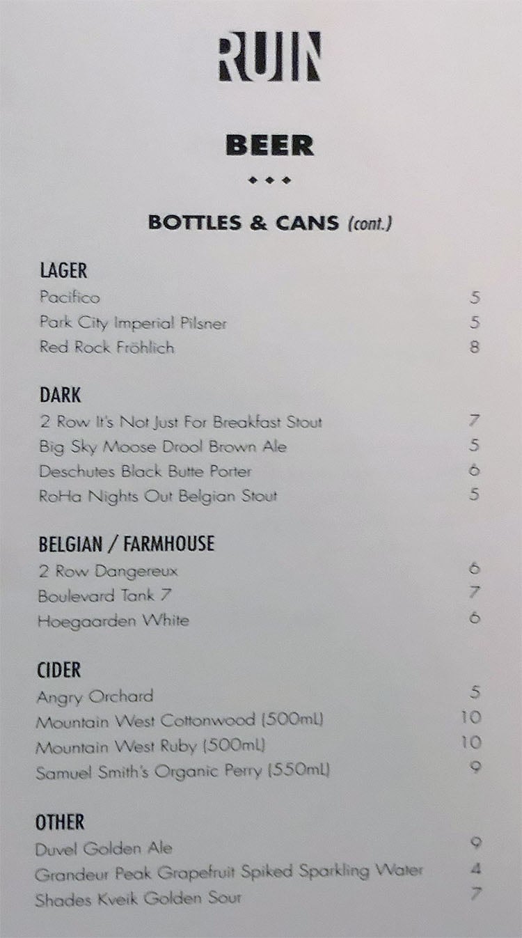 The RUIN menu - beer