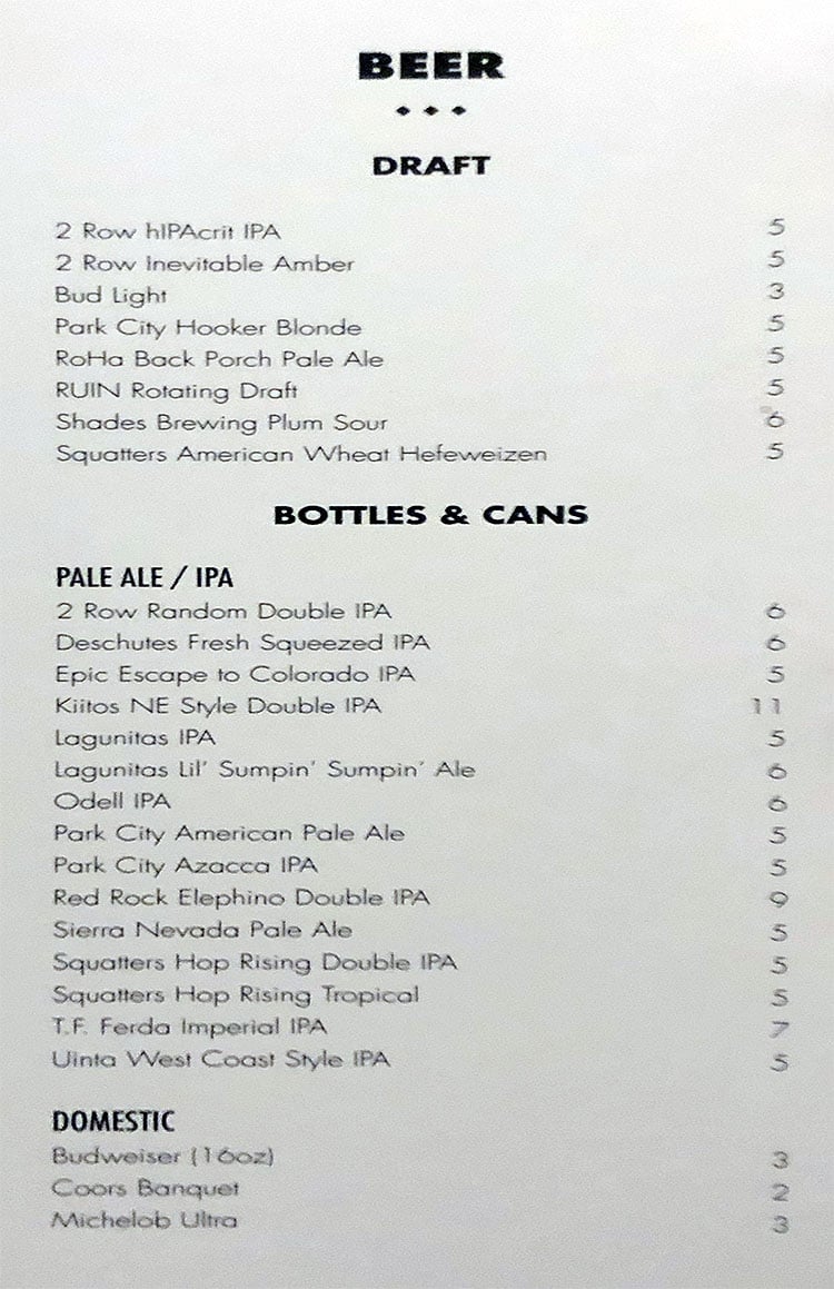 The RUIN menu - more beer