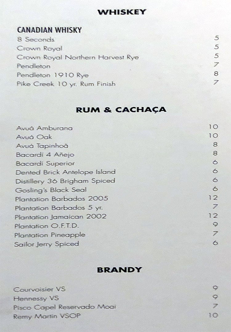 The RUIN menu - whiskey, rum, cachaca, brandy