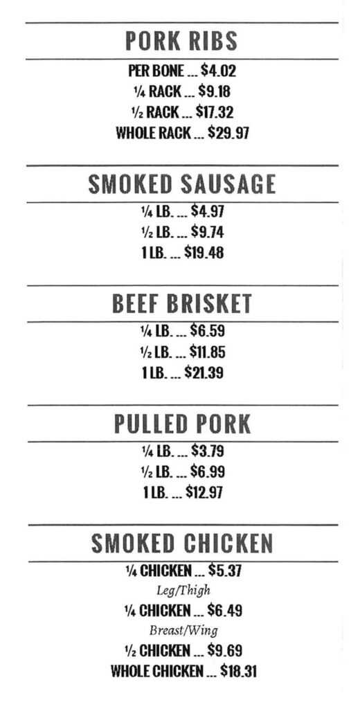 Pat's BBQ menu - BBQ meats