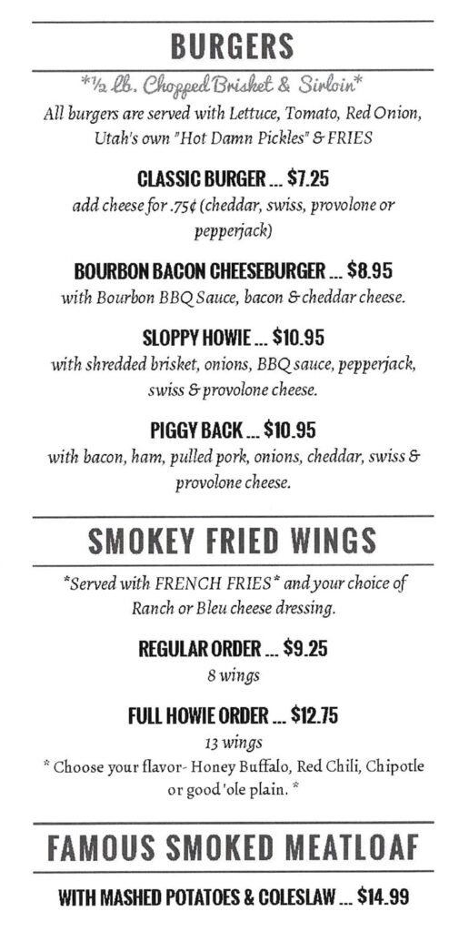 Pat's BBQ menu - burgers, wings, meatloaf