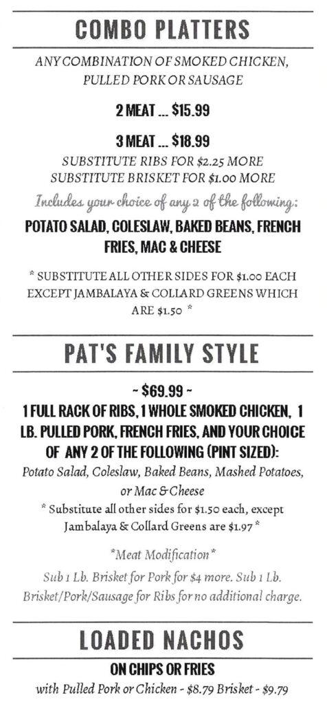 Pat's BBQ menu - combos