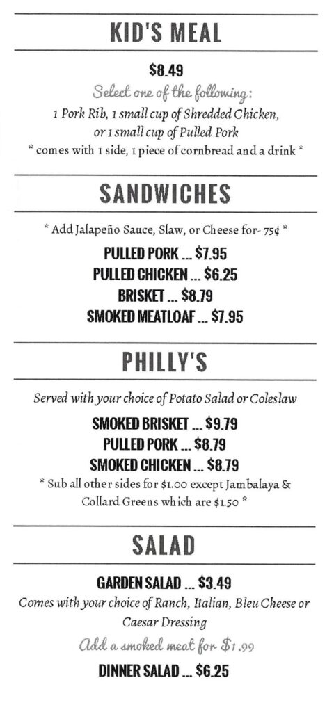 Pat's BBQ menu - kids, sandwiches, salads