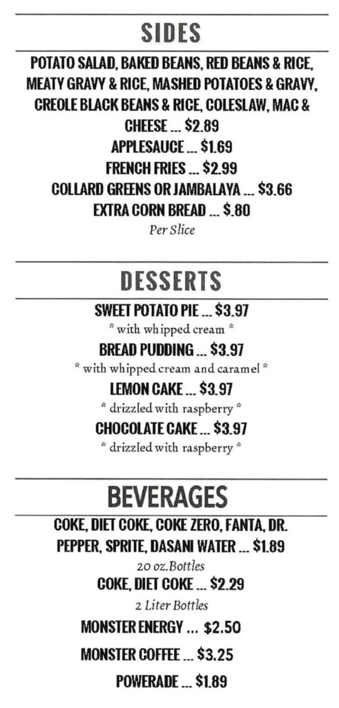 Pat's BBQ menu - sides, desserts, drinks