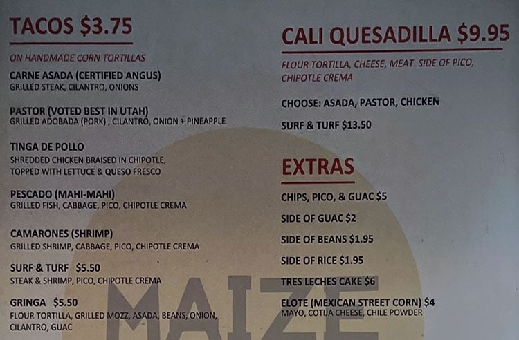 Maize Tacos food truck menu - tacos, cali quesadilla, extras
