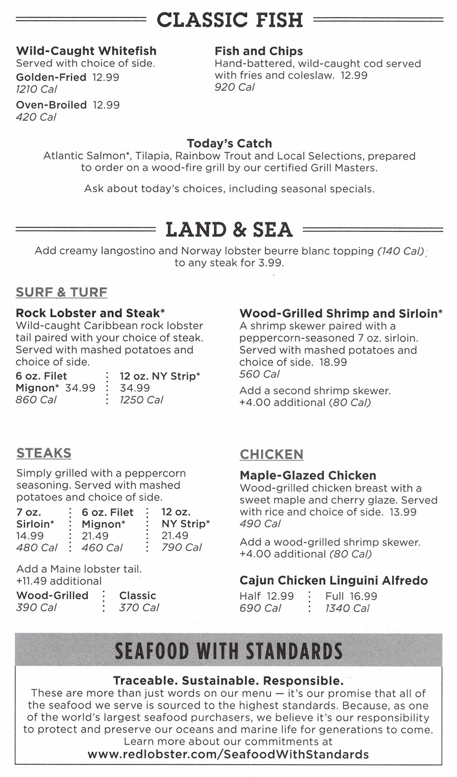 Red Lobster menu - classic fish, land and sea