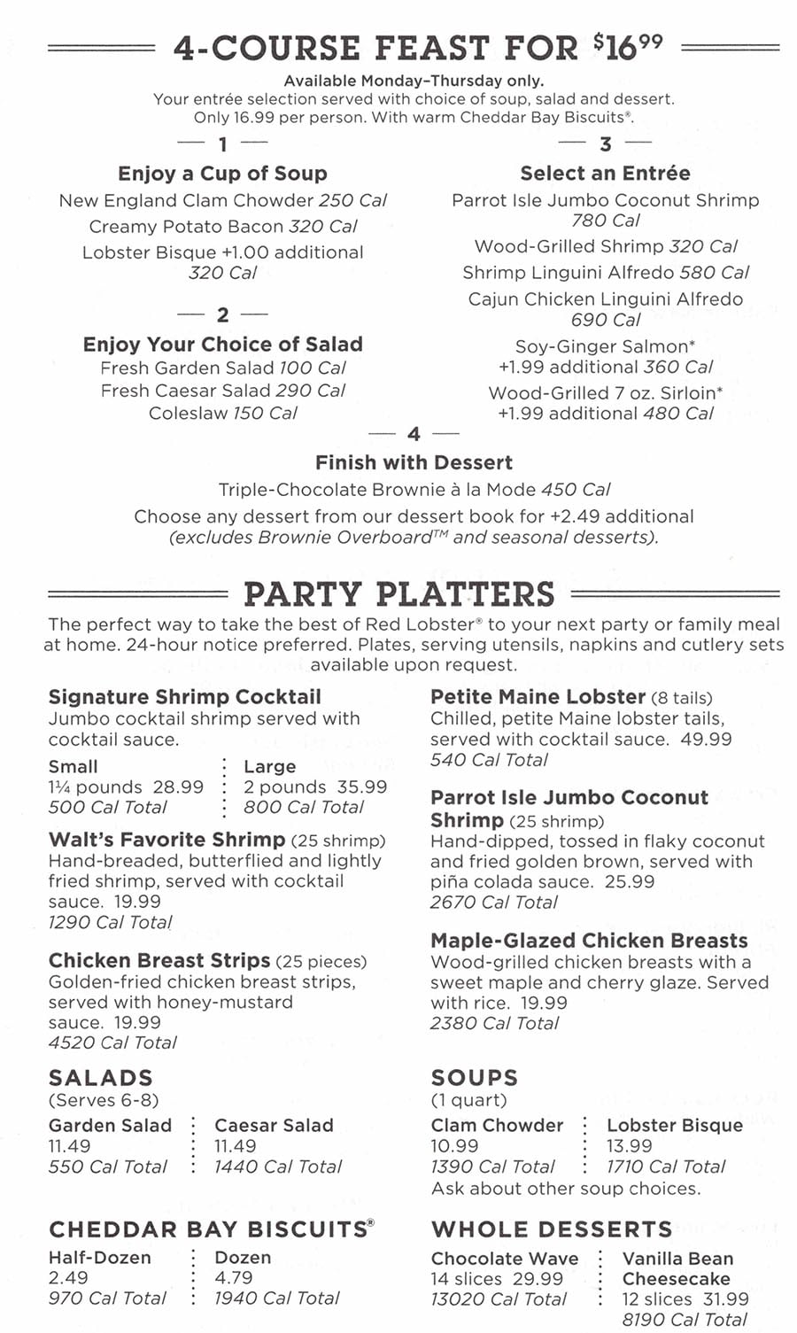 Red Lobster menu - four course feast, party platters