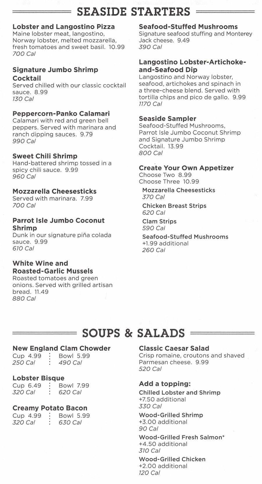 Red Lobster menu - starters, soups, salads