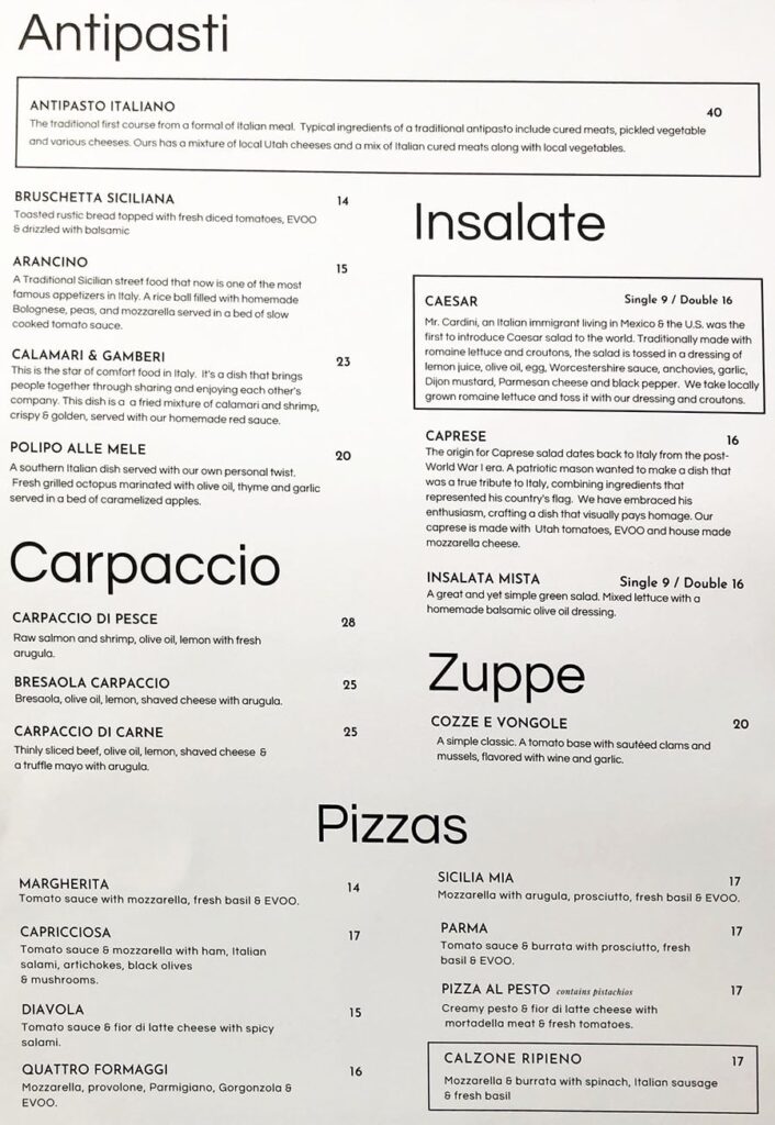 Sicilia Mia menu - antipasti, insalate, carpaccio, zupper, pizza