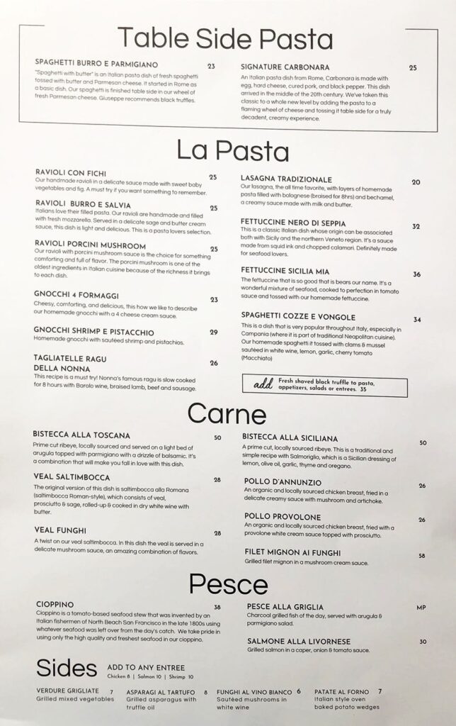Sicilia Mia menu - tableside pasta, pasta , carne, pesce