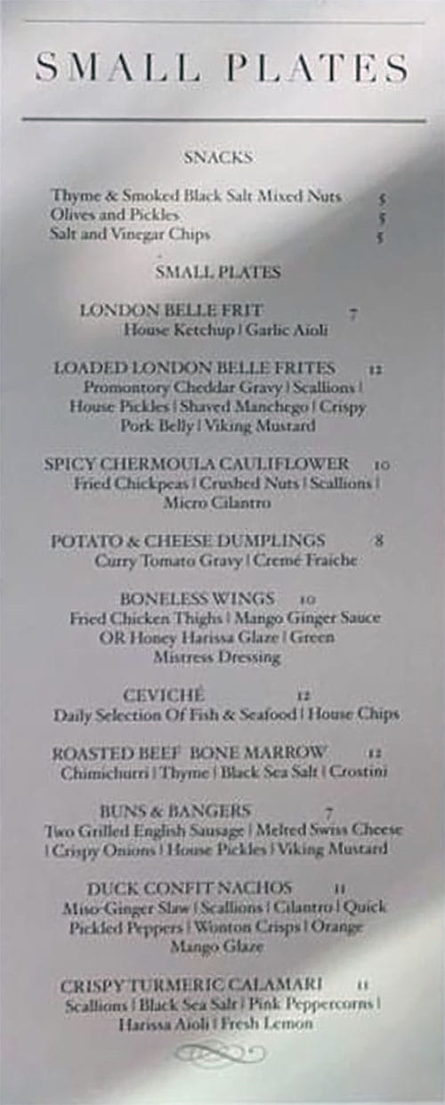 London Belle menu - small plates